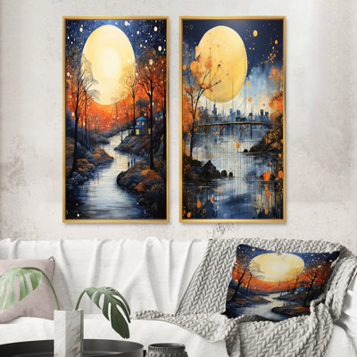 «Orange Bridge Abstracted Riverine Pointillism», 2 pièces sur toile