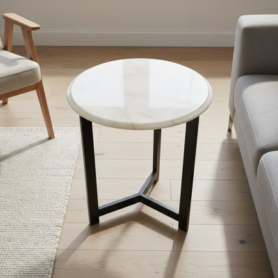 Round Onyx Marble Side Table With Black Metal Base, 20 Inch Diameter, 24 Inch Height, White Onyx