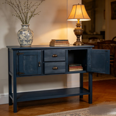 46'' Solid Wood Sideboard Console Table With 2 Drawers And Cabinets And Bottom Shelf, Retro Style Storage Dining Buffet Server Cabinet For Living Room Kitchen Dining Room(navy Blue)