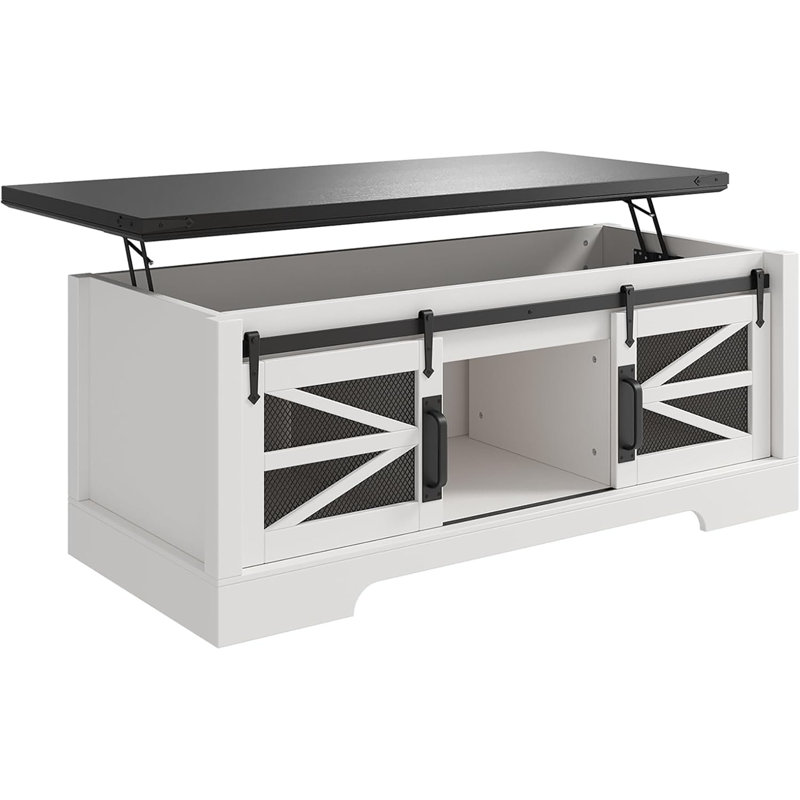 Table basse à plateau relevable, table basse multifonctionnelle avec porte de grange coulissante, compartiment de rangement caché