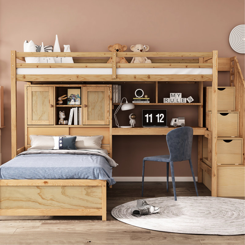 Lit simple surélevé naturel avec bureau intégré et fabrication robuste - avec bureau et rangement, Naturel