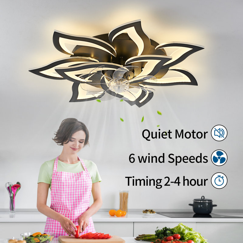 Black Ceiling Fan With Lights Remote Control,  6 Speeds 3 Light Color Low Profile Flush Mount Ceiling Fan For Kitchen Bedroom