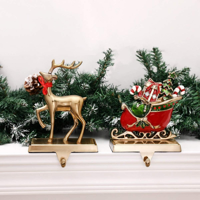 Antique Gold Reindeer and Santa Sleigh Stocking Holders Set