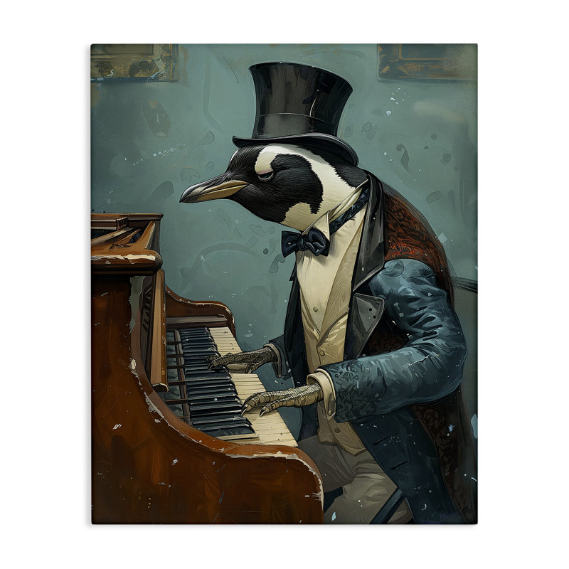 Art sur toile, "Piano jouant un pingouin" par Ray Heere, H 40 po x l 30 po