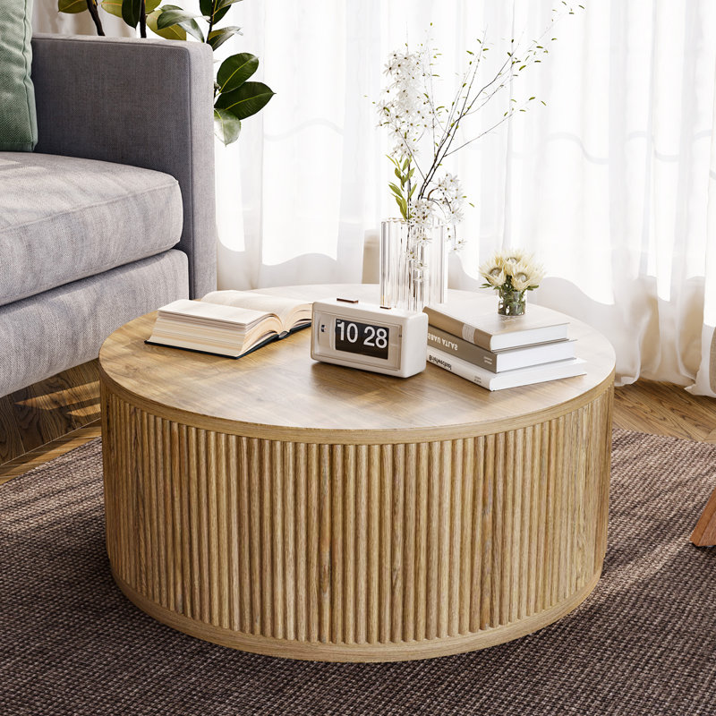 36.5"W Round Solid Wood Spacious Coffee Table Drum Table with Fluted Design, Beige