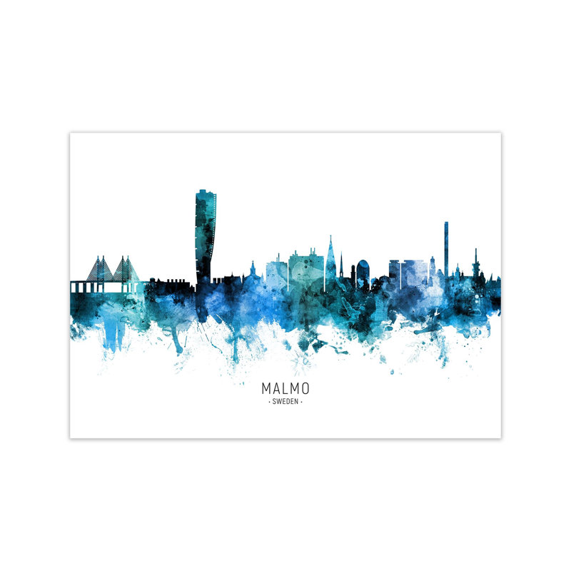 Malmo Sweden Skyline Blue City Name by Michael Tompsett - Print, Unframed, 60cm H x 84cm W x 1cm D