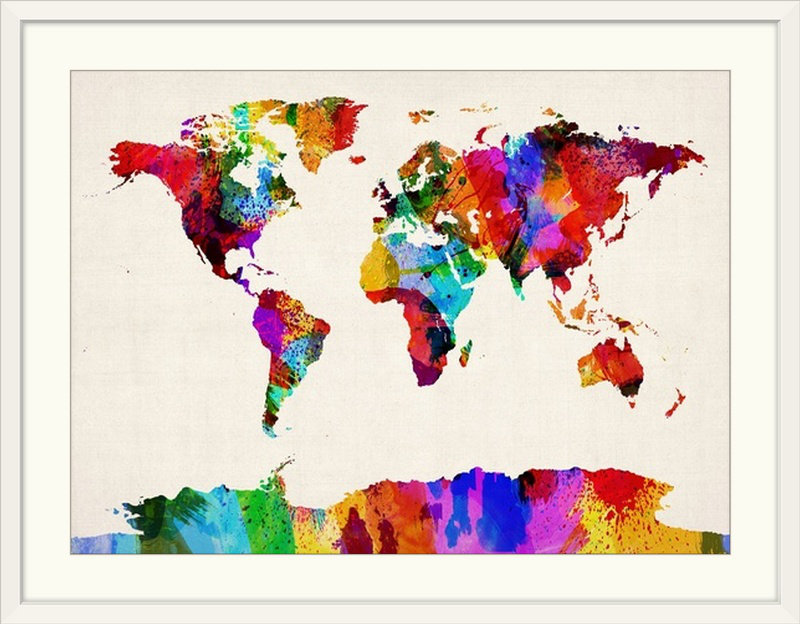 «Francy World Map» par Michael Tompsett, impression, H 25 po x l 32 po x P 1 po, Cadre blanc