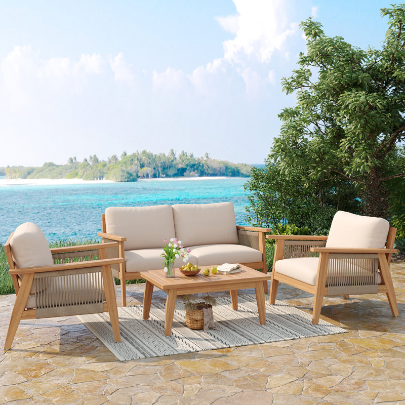 Stetson Outdoor 4-Piece Acacia Wood And Rope Conversation Set With Cushions