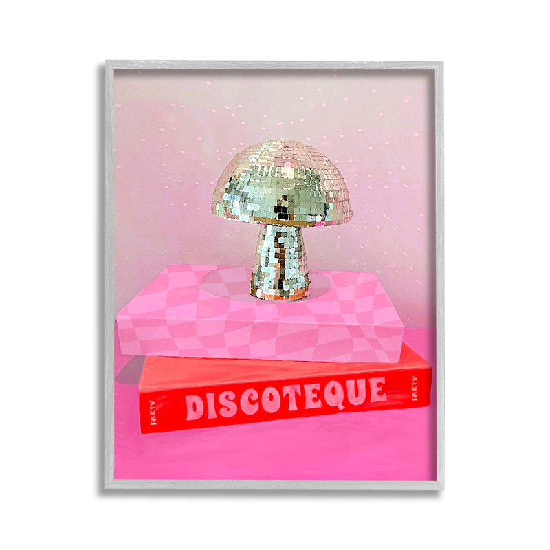 Disco, champignon, livres, estampe numérique, Giclée encadrée noir minuit, H 14 po x l 11 po