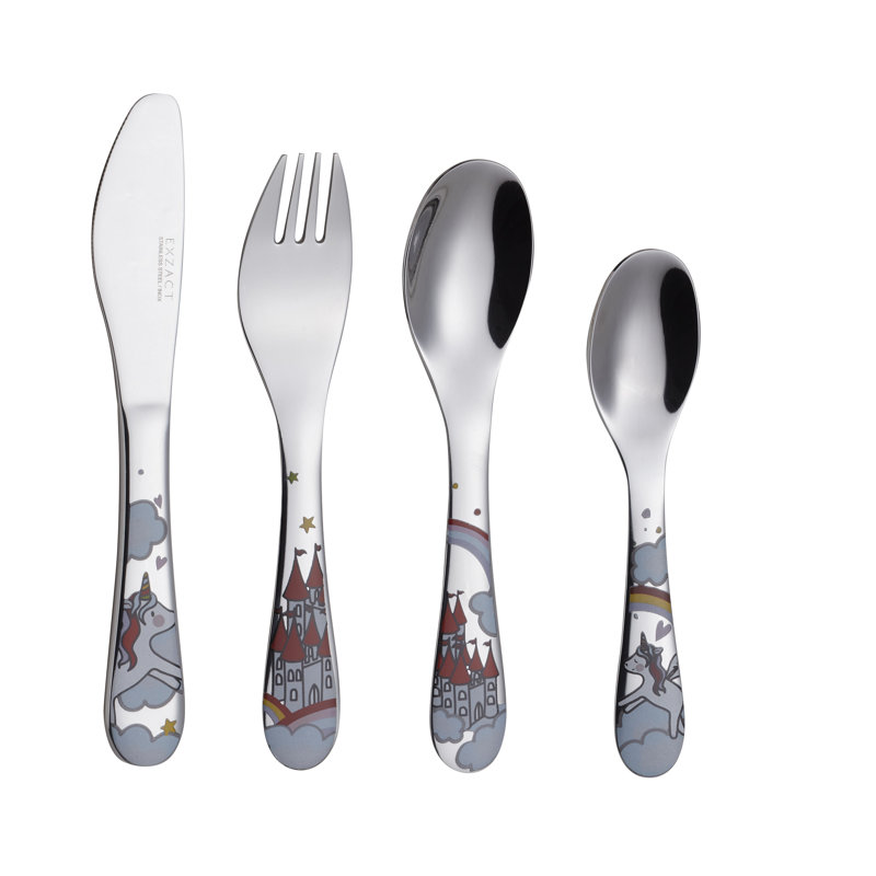 Childrens Cutlery 4Pcs Set Stainless Steel/Kids Cutlery/Toddler Utensils/Flatware - 1 X Fork, 1 X Safe Dinner Knife, 1 X Dinner Spoon, 1 X Dessert Spoon With Illustrations - Unicorn