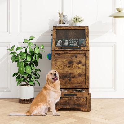 Dog Feeding Station, Pet Food Storage Cabinet with 2 Elevated Bowls, Pet Feeding Station with 3 Hooks for Cats&Dogs, Brown