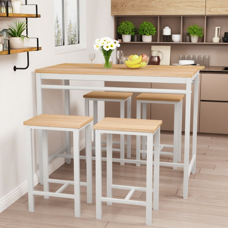 Ensemble de table de bar 5 pièces, Beige, Beige / Blanc, Blanc