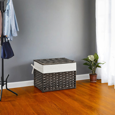 Storage Basket With Lid, 9.2 Gallon (35L) Storage Bin, Woven Blanket Storage Basket With Handles, Foldable, Removable Liner, Metal Frame, For Bedroom, Laundry Room
