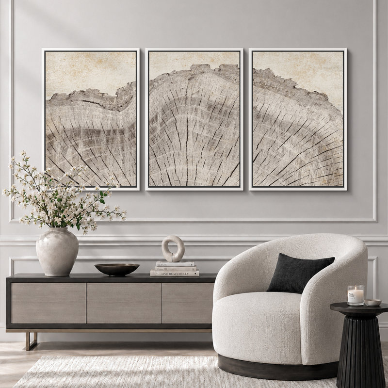 Anneau d'arbre «Œuvre de souche en bois de chêne rustique, décor de cabane de ferme, photos murales neutres, 3 pièces encadrées sur toile, impression numérique sur giclée»