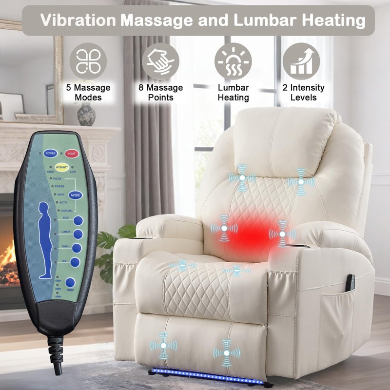 Power Recliner Chair with Heat and Massage for Adults - Home Theater Seating with LED Lights,Cup Holders,Side Pocket,USB Port - Recliner Sofa for Living Room