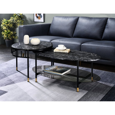 Black Finish Nesting Coffee Tables With Stylish Legs And Engineered Stone Tops 2 Table Top