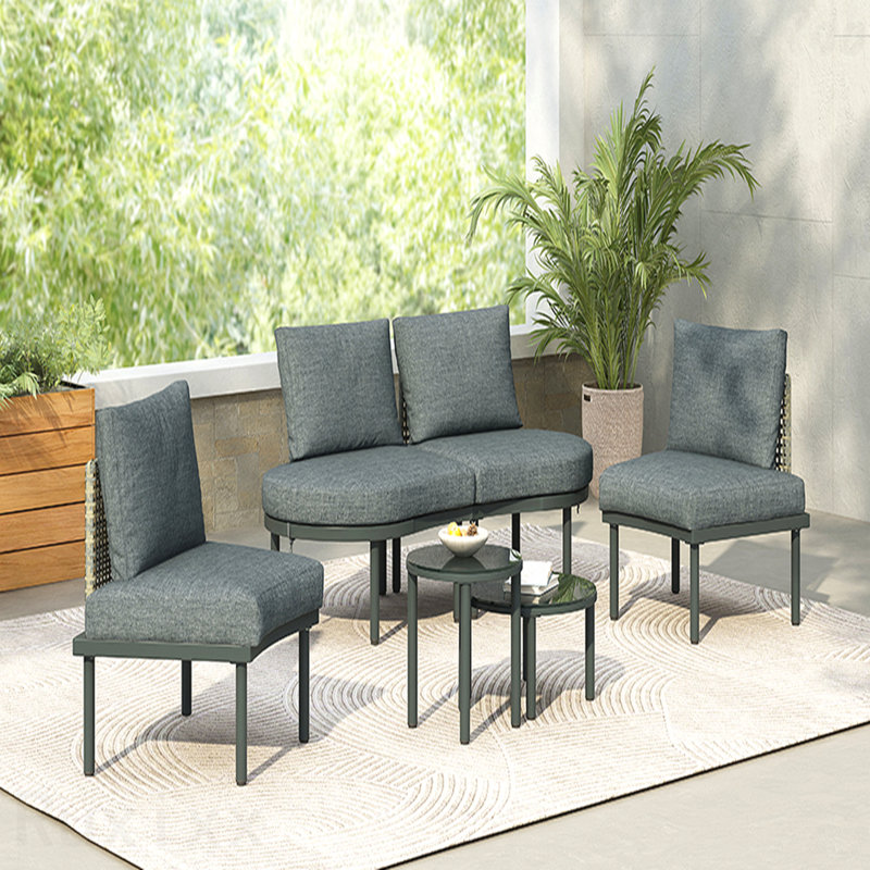 Gray 6-Piece Patio Sofa Furniture Set Half Moon Outdoor Sectional Sofa With 2 High-Low Coffee Tables Pe Wicker Rattan Tempered Glass 4 Pillows & Cushions For Backyard Garden Poolside