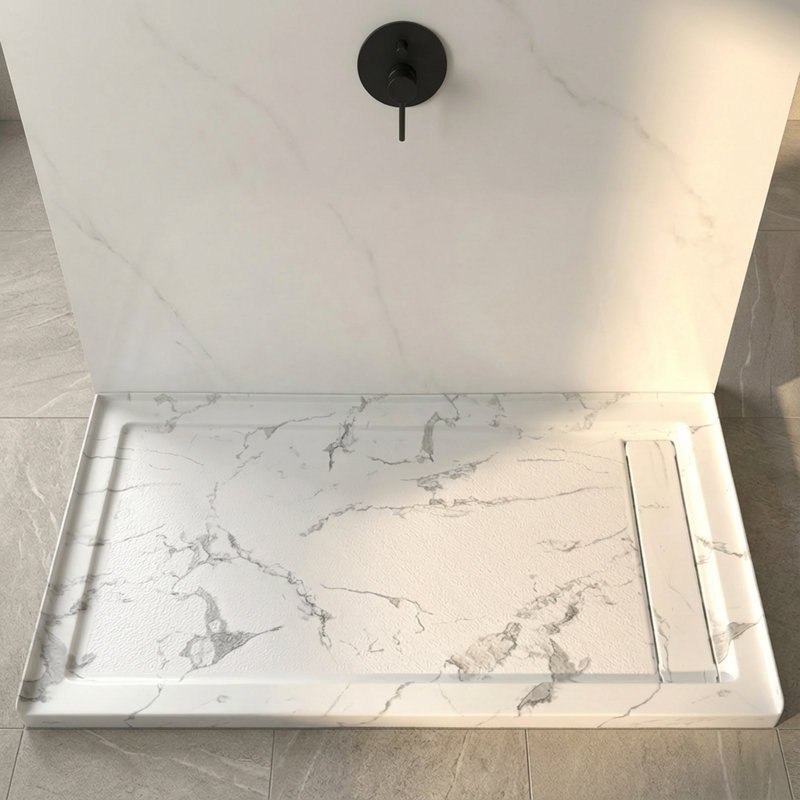 60”W x 32”D Rectangular Shower Pan Base, Marble-Look Acrylic, Right