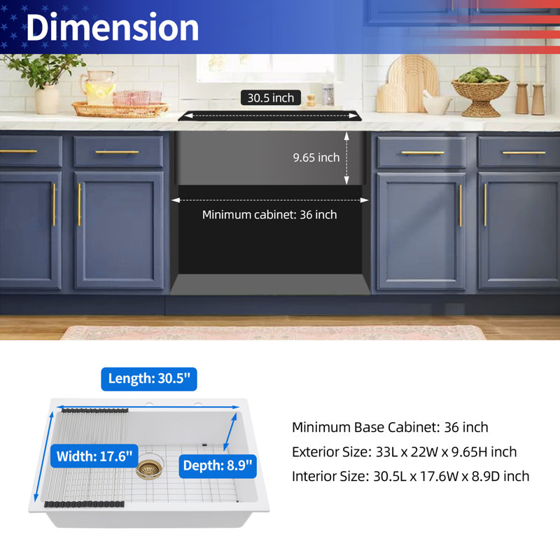 33" x 22" Drop-in Single Bowl Quartz/Granite Composite Kitchen Sink