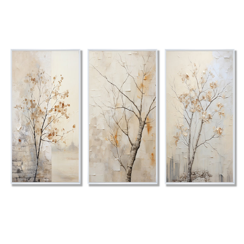 Minimalisme sycomore arbre paysage - arbre sycomore toile ensemble d'art mural de 3, Cadre flottant blanc, H 32 po x l 48 po