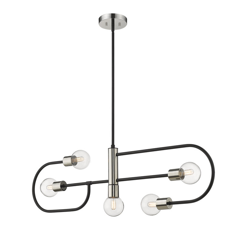 Luminaire suspendu géométrique 5 lumières unique Emrick, Nickel poli, Transparent