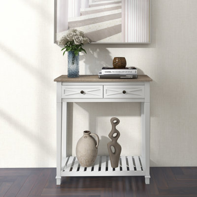 Table d'entrée avec rangement - Console étroite avec 2 tiroirs et tablette, table de canapé de style campagnard, petites tables de couloir en bois pour entrée, salon, couloir, blanc vieilli