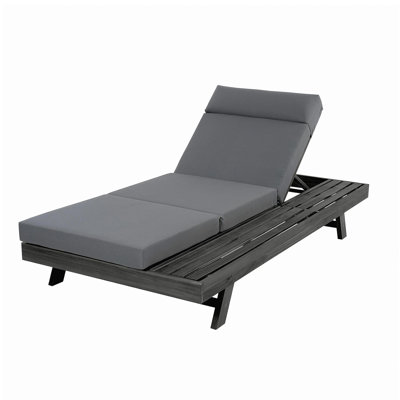 Ensemble de méridienne avec repose-tête, espace disponible sur un côté, bois d'acacia noir avec coussins de salon résistants à l'eau (gris foncé et 3 fois et 4 pouces) - version crème / beige assortie disponible