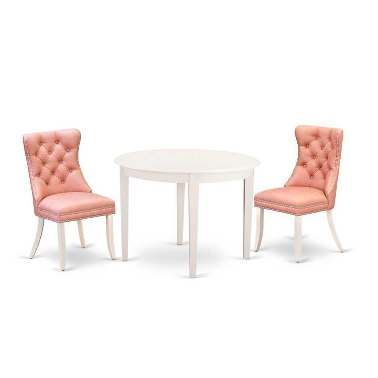 3-Piece Linen White Finish Round Solid Wood Top Dining Table Set, Pink