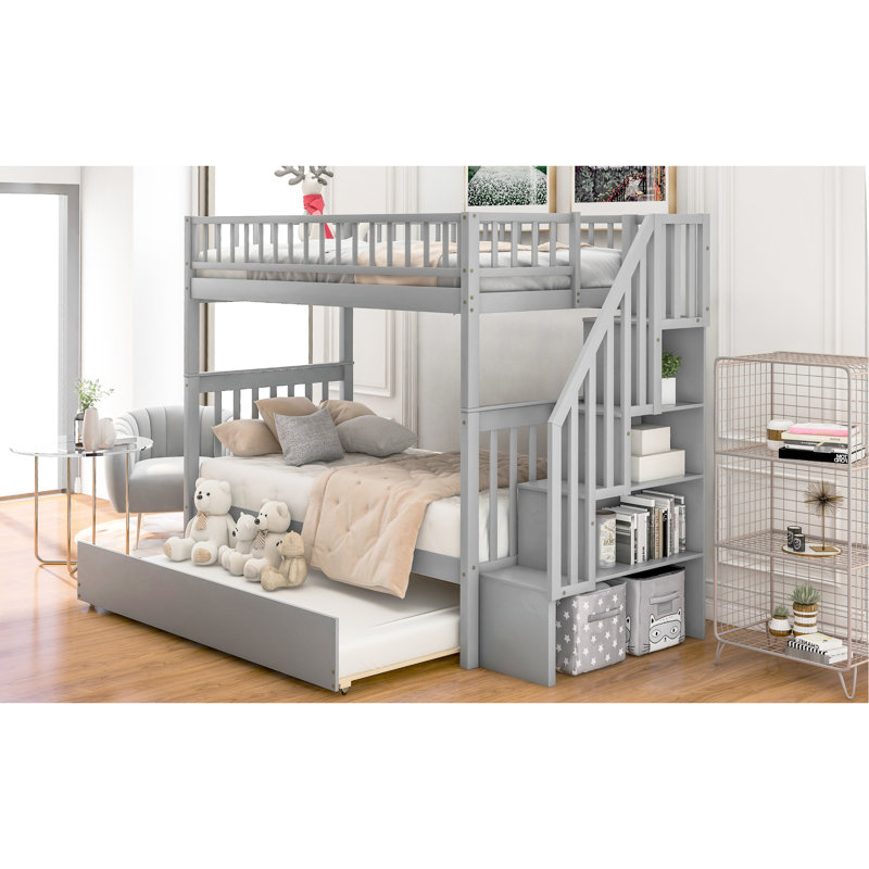 Lit simple superposé au dessus d'un lit gigogne gris, 4 tablettes de rangement, matelas supérieur de 6 po