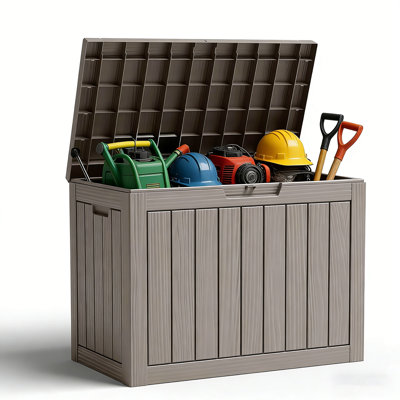 45 Gallon Outdoor Storage Box, Weather-Resistant Resin Deck Box with Woodgrain Finish for Patio Cushions, Garden Tools and Pool Accessories