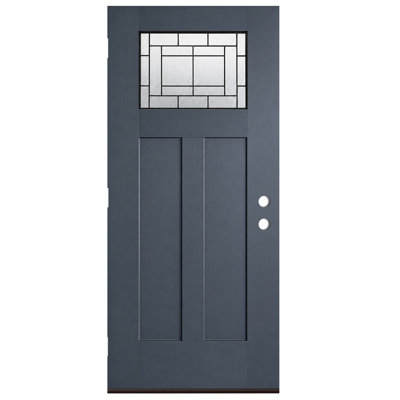 36 In. x 80 In. Blue Fiberglass Front Entry Door Slab Only, Left-Hand Inswing / Outswing,Tempered Privacy Glass with Decorative Caming No Jamb