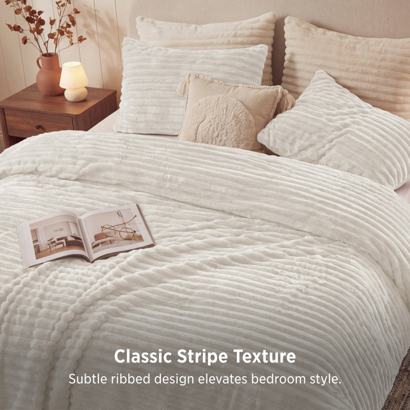 Bedsure King Size Comforter Sets - 3-Piece Double-Sided Fleece Fluffy Linen Bedding, Cozy Striped Aesthetic for Modern & Guest Bedrooms, All-Season Luxury Home Decor