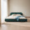 Très grande base de lit tapissier de style très moderne avec tête de lit courbée, tissu de qualité supérieure et support de pieds robuste, matelas non inclus