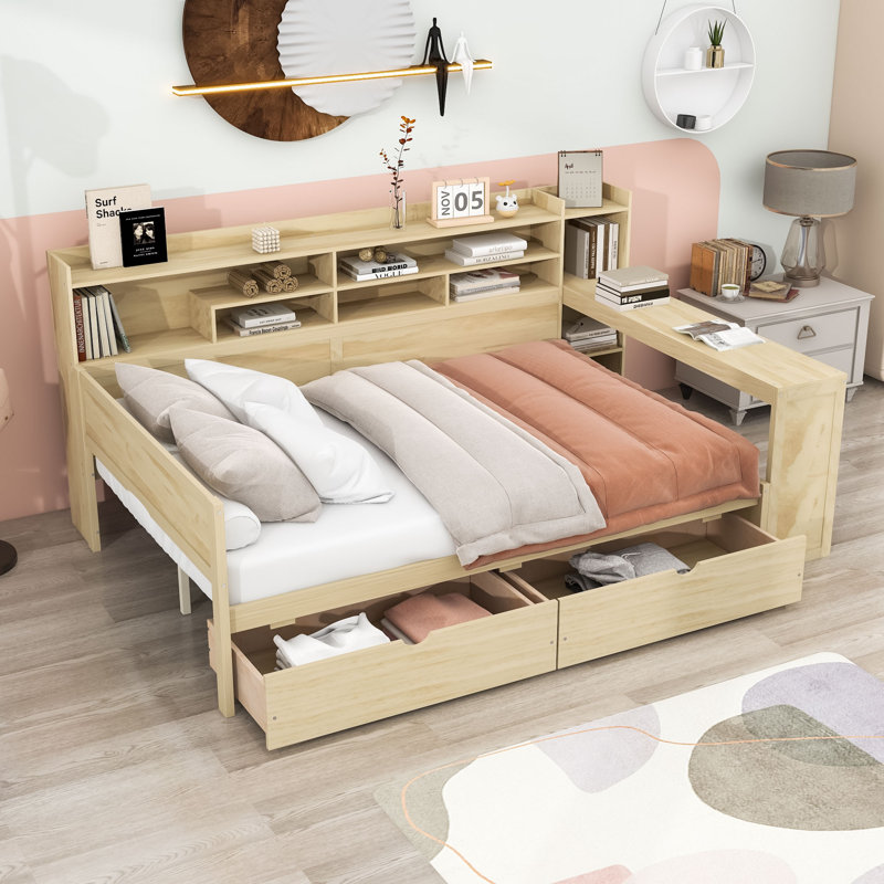 Crompton Multifunctional Wooden Daybed With Shelves, Drawers, and Study Desk, Natural, Full / Double