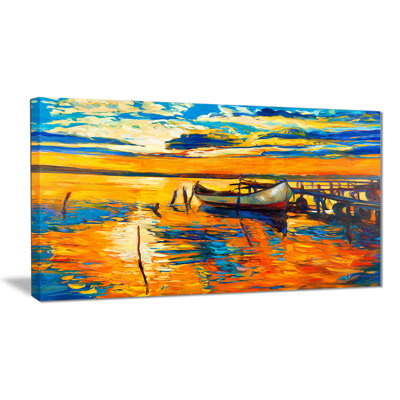 Bateau et jetée au coucher du soleil, reproduction sur toile tendue