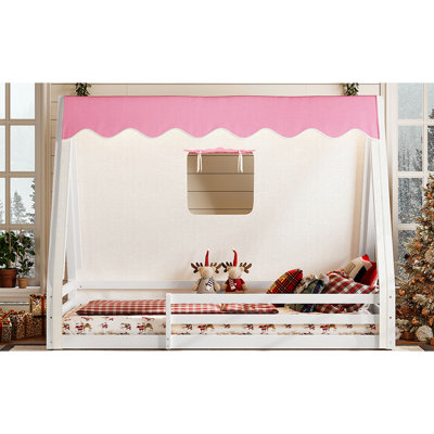 Lit simple - Lit inspiré avec tipi blanc + rose, tente et garde-corps pleine longueur, plancher en bois de qualité, tente en bois massif, garde-corps pour un sommeil sécuritaire