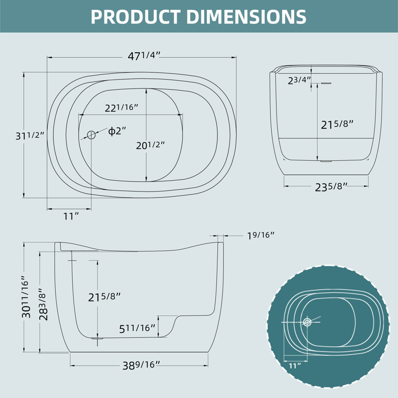 47" W X 31.5'' D Freestanding Acrylic Bathtub Double Slipper Small Soaking Tub Stand Alone Oval Bathroom Tub with Built-in Seat
