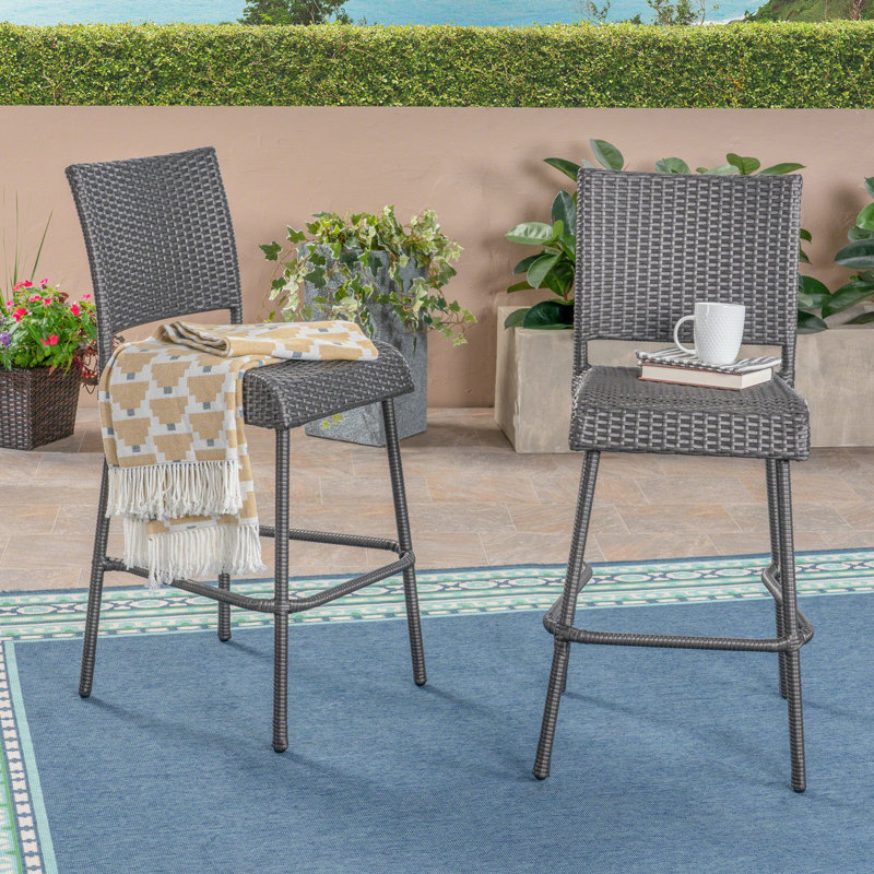 Ensemble de 2 tabourets de bar sans accoudoirs en rotin de plein air PE, Gris