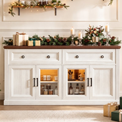 63"W Large Rustic Wood Sideboard Buffet Cabinet With2 Large Drawers & Transparent Doors, Farmhouse 4 Doors Kitchen Storage Cabinet With Charging Station And LED Light, TV Stand With Adjustable Shelves