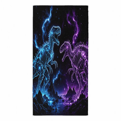 1Pcs Cosmic Dinosaur Beach Towel, featuring glowing skeletal T-Rex in neon blue and purple, against a starry night lightning background. Large microfiber, perfect for, swimming, travel, camping, unisex.