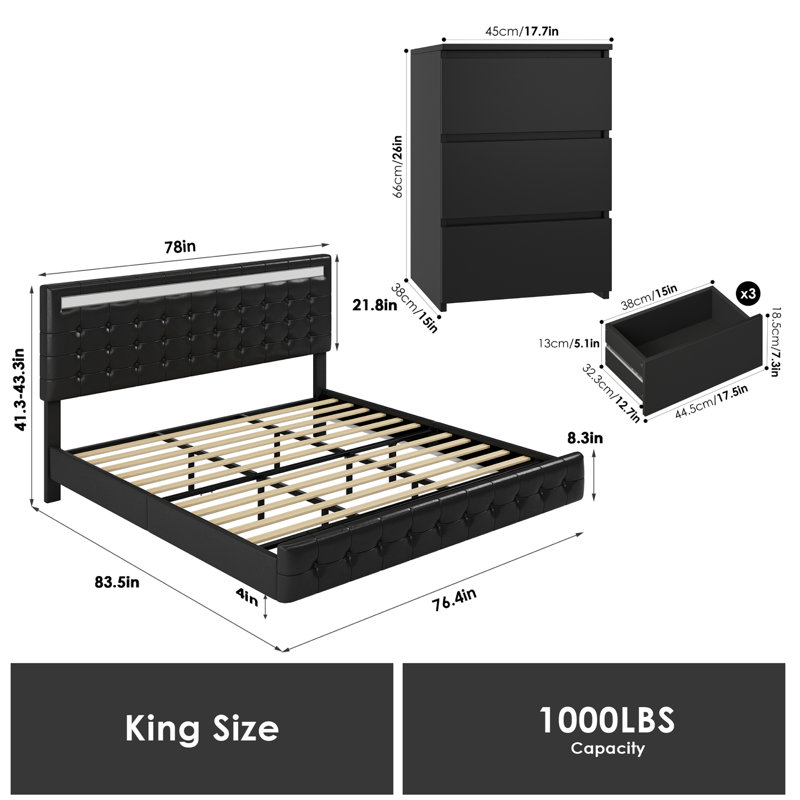 Ensemble de chambre à coucher 3 pièces Kinzli, Noir, Très grand