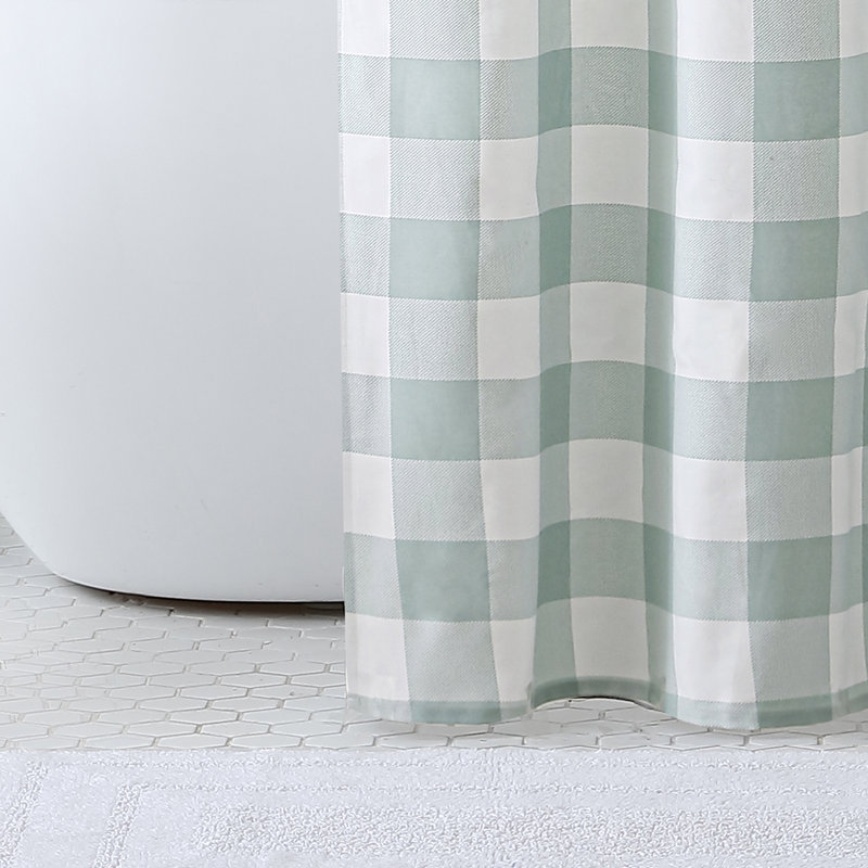 Green Plaid Cotton Shower Curtain with Buttonhole Top