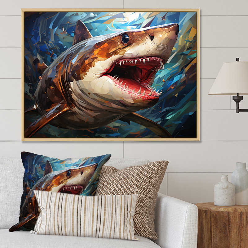 " Blue Shark Predators Glare Geometric II ", Natural Floater Framed, 16" H x 32" W x 1" D