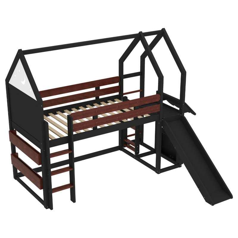 Lit mezzanine simple avec bibliothèque Design ludique pour enfants Structure en forme de maison avec glissières de sécurité de haute qualité, beige / naturel / noir