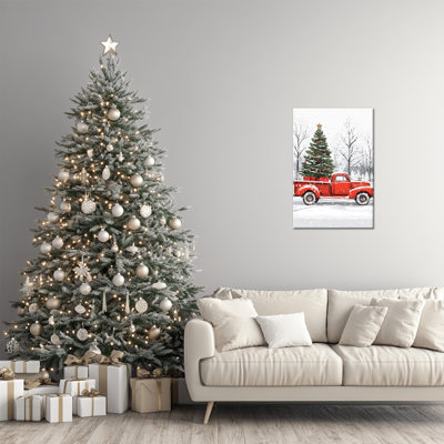 Grand Abiella - camion rouge avec arbre de Noël et cadeaux, impressions sur toile de scène d'hiver, affiche de photo rétro des Fêtes pour décoration intérieure prête à accrocher, 28 po x 40 po