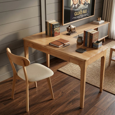 Mid Century Modern Solid Wood Desk with Drawers and Smooth Edges for Home Office, Living Room, Natural Wood Finish