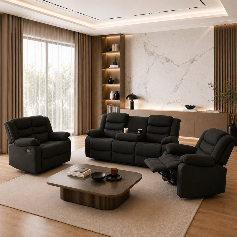 Ensemble de salon inclinable 3 pièces en microfibre avec porte-gobelet, Noir