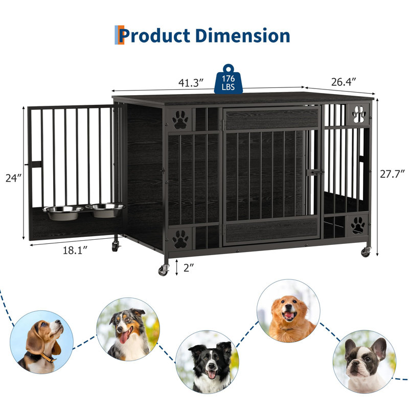 Meuble de cage moderne à trois portes pour chien - Chenil décoratif en bois de 41 po pour petits et moyens chiens - Cage intérieure élégante pour animaux - relief noir