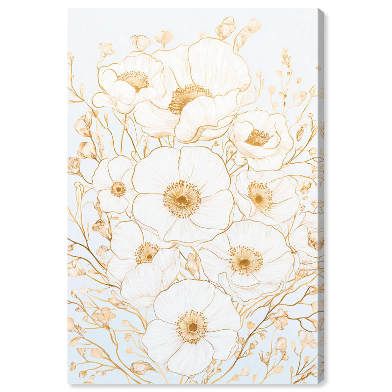 «White and Gold Poppies II», art floral élégant par , H 30 po x l 20 po, Toile tendue