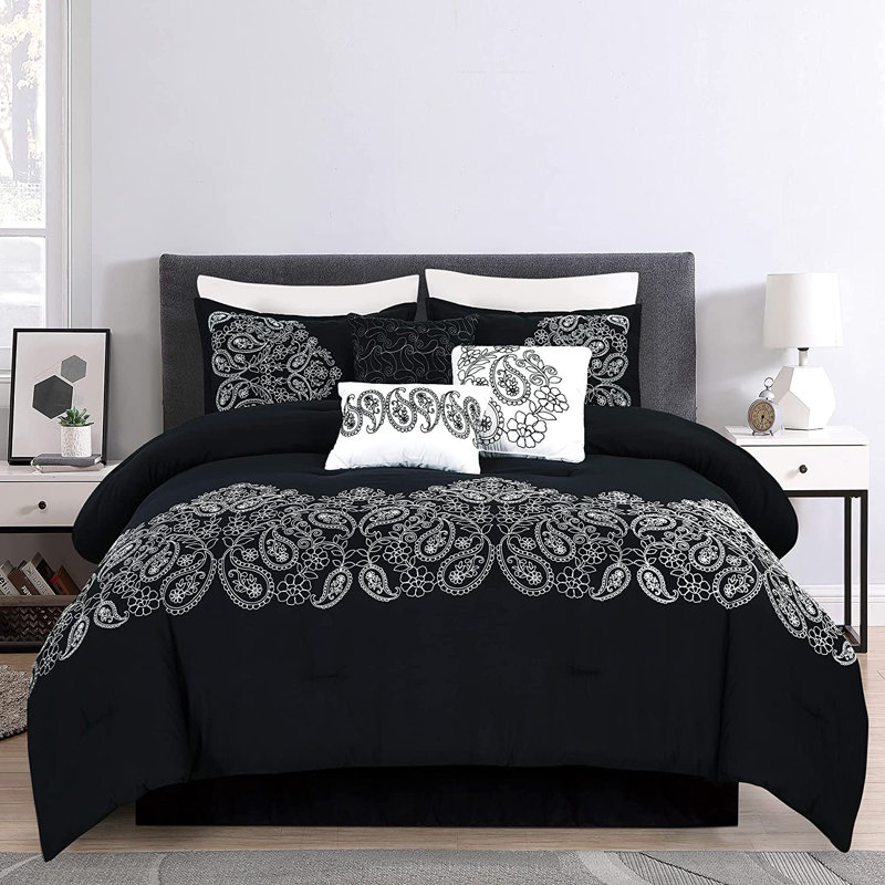 7 Piece Paisley Embroidered  Comforter Set, California King Comforter + 2 King Shams, Black